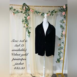 Elegant Black Velvet Blazer with Gold Pinstripes
